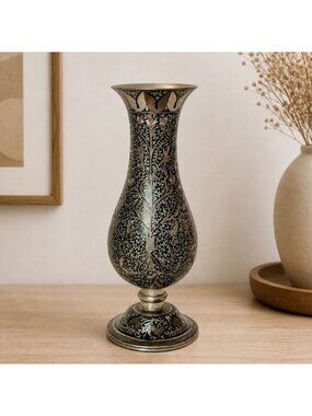 Decorative Engraved Brass Vase VTG Etched Floral Inlay Urn Boho Global Old World